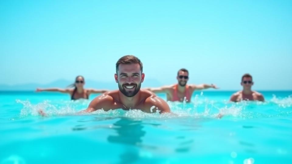 Un instructor de gimnasia acuática sonriendo y guiando a un grupo en una sesión de ejercicio dentro de una piscina de borde infinito con vistas al océano.