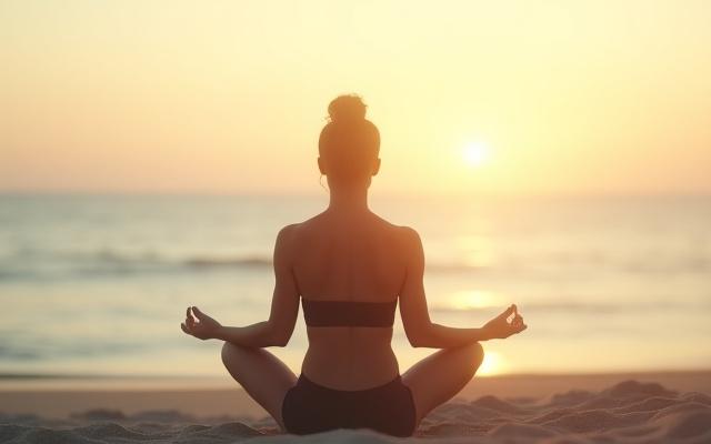 Una persona meditando serena frente a un vasto océano azul al amanecer, con una postura de yoga relajada.