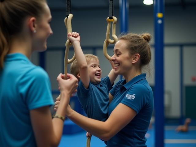 Entrenador de Marea Gim ayudando a un niño pequeño a sostenerse en los anillos de gimnasia, con expresión de concentración y alegría.